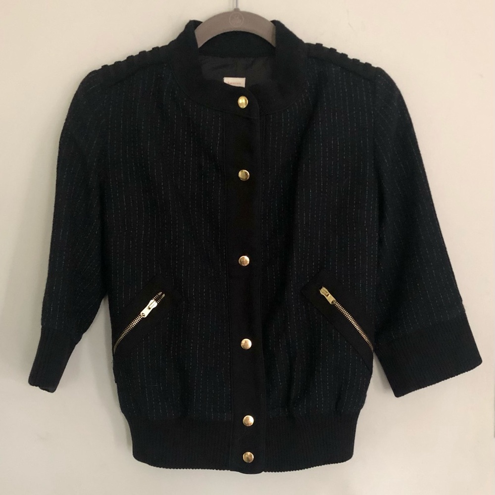 Lauren Moffat charcoal pinstripe wool bomber